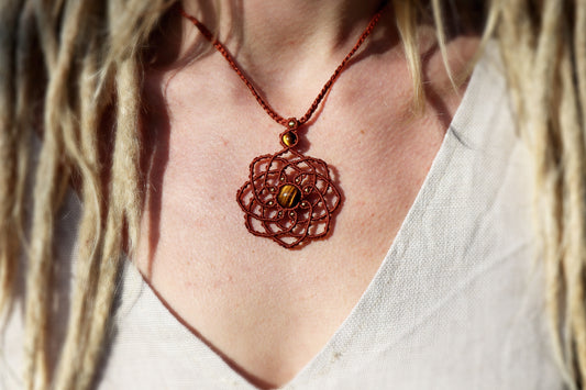 Flower of Life Macramé Pendant with Tiger's Eye