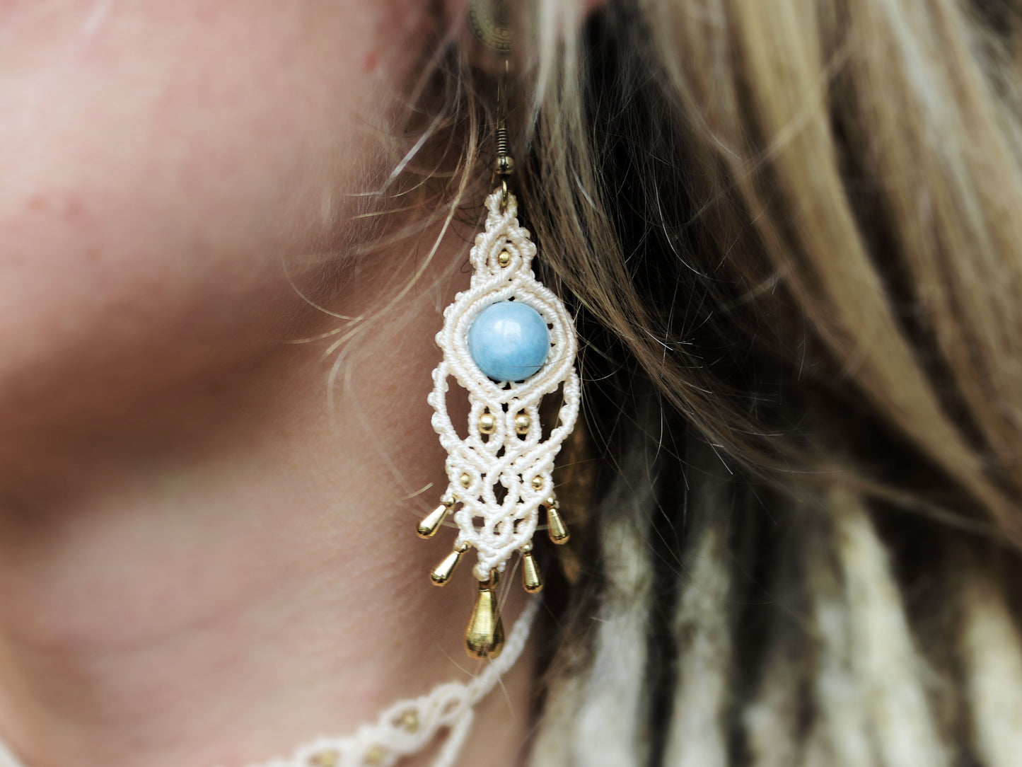 Boho-Chic Blue Chalcedony Macramé Earrings