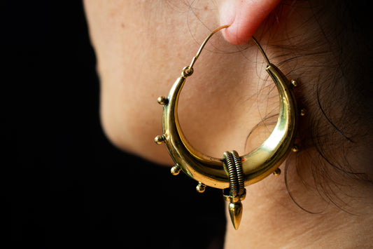 Tribal Crescent Hoop Earrings with Stud Details - Medium