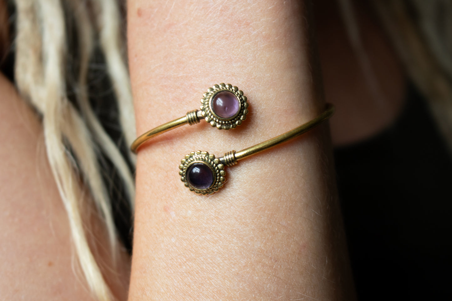 Dual Gemstone Gold Cuff Bracelet - Available in various gemstones